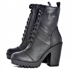 AX Paris Fanatic Heeled Lace-Up Front Boots PU Leather Lug Sole Booties 39